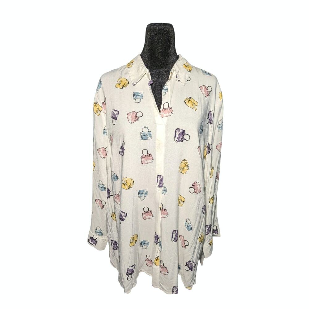 Como Black NWT Women's XL Purse Handbag Print Button Up Shirt Tie Sleeve Blouse